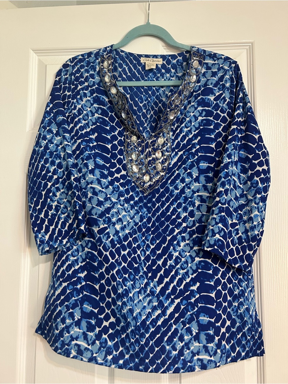 Blue Beaded V-Neck Tunic Top